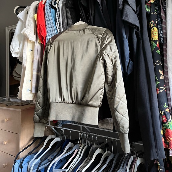 Khaki Green Fitted Satin Bomber Jacket - Picture 5 of 8
